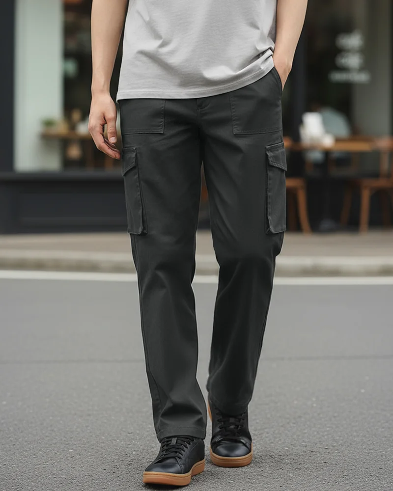 بيواكوف Men's Grey Straight Fit Cargo Pants